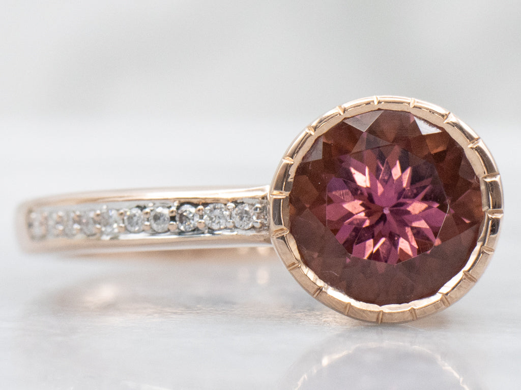 Offset Pink Tourmaline and Diamond Accent Modernist Rose Gold Ring