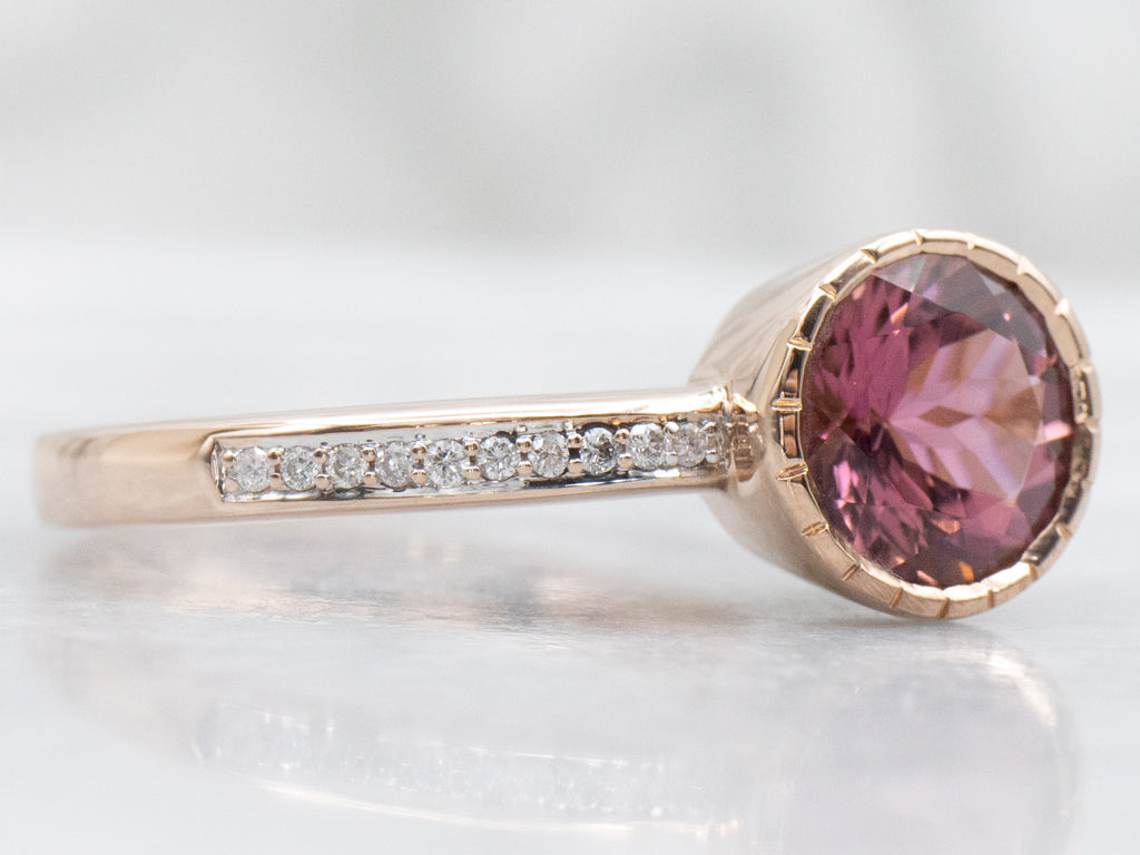 Offset Pink Tourmaline and Diamond Accent Modernist Rose Gold Ring