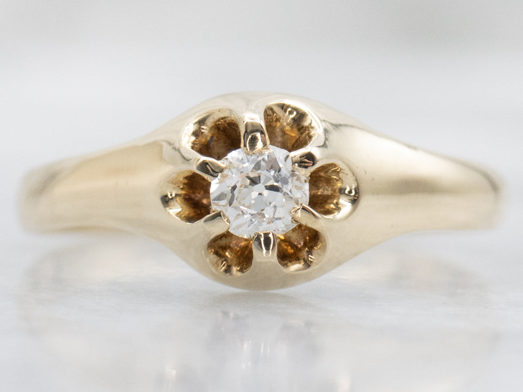 Belcher-Set Old Mine Cut Diamond Solitaire Gold Engagement Ring