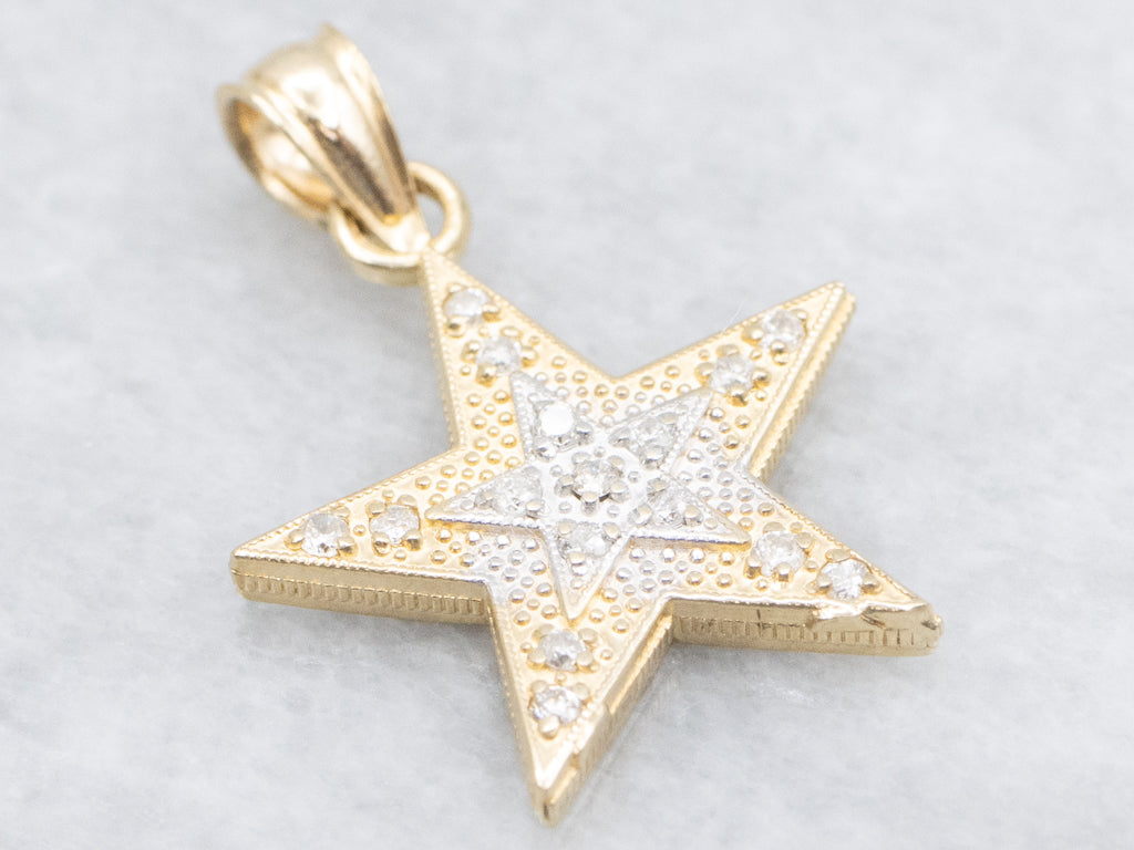 Textured Two-Tone Gold Diamond Star Pendant