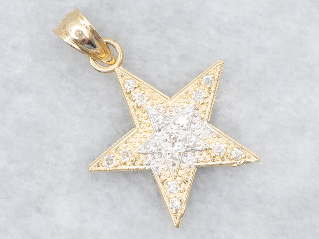 Textured Two-Tone Gold Diamond Star Pendant