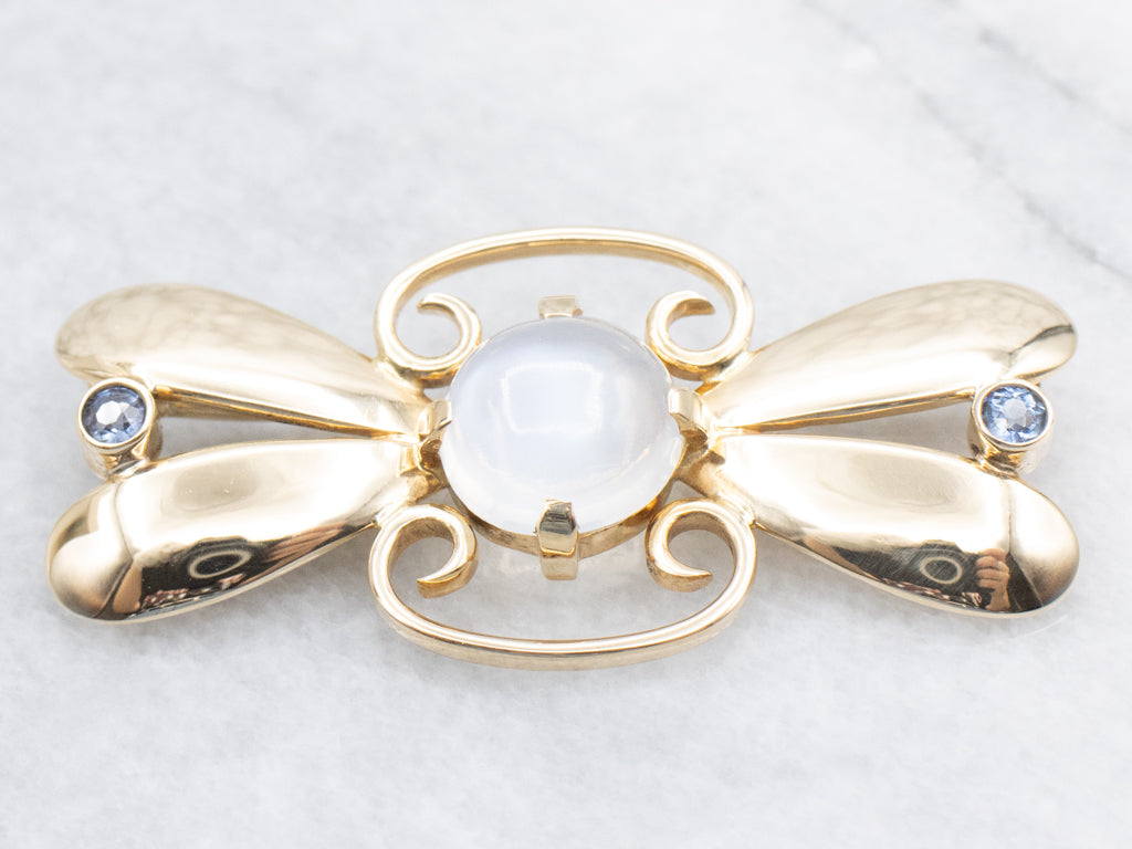 Retro Era Moonstone and Bezel-Set Sapphire Gold Brooch