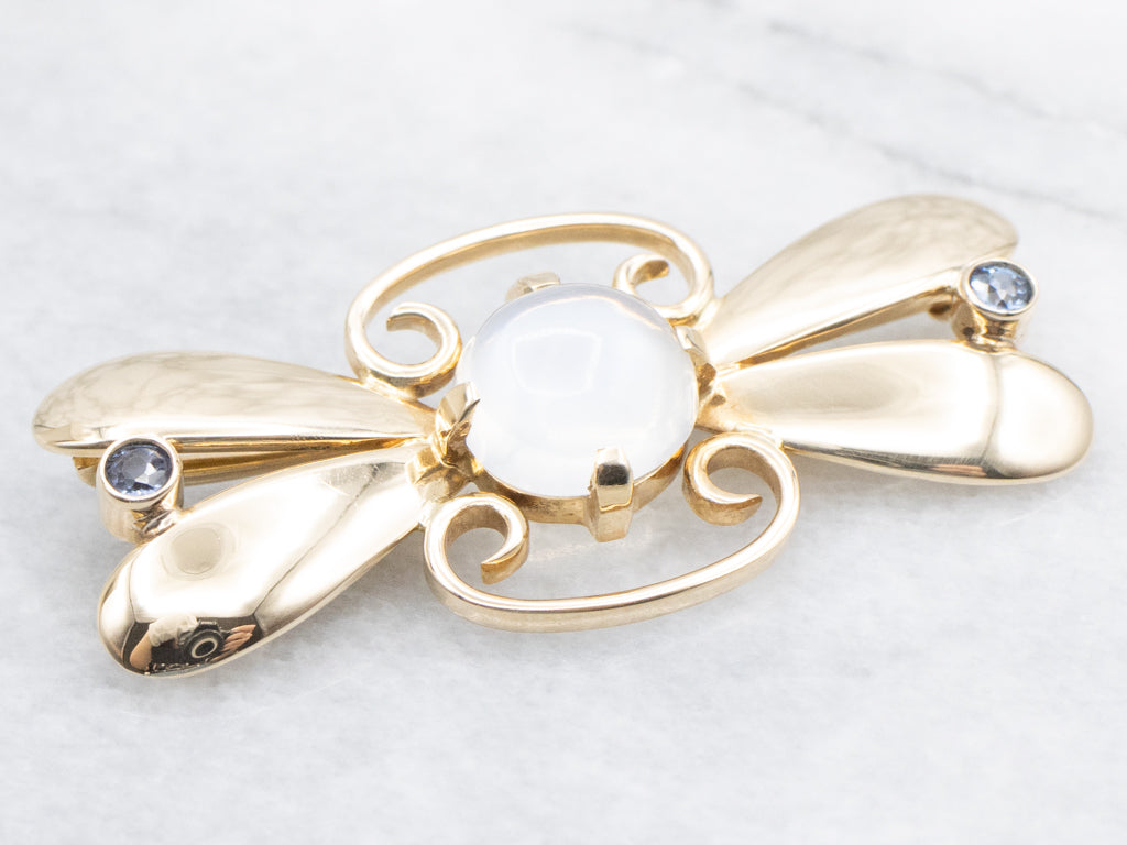 Retro Era Moonstone and Bezel-Set Sapphire Gold Brooch