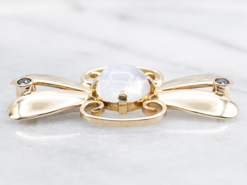 Retro Era Moonstone and Bezel-Set Sapphire Gold Brooch