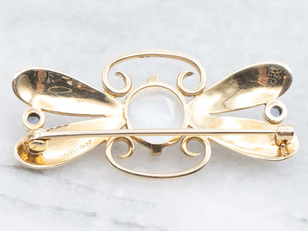 Retro Era Moonstone and Bezel-Set Sapphire Gold Brooch