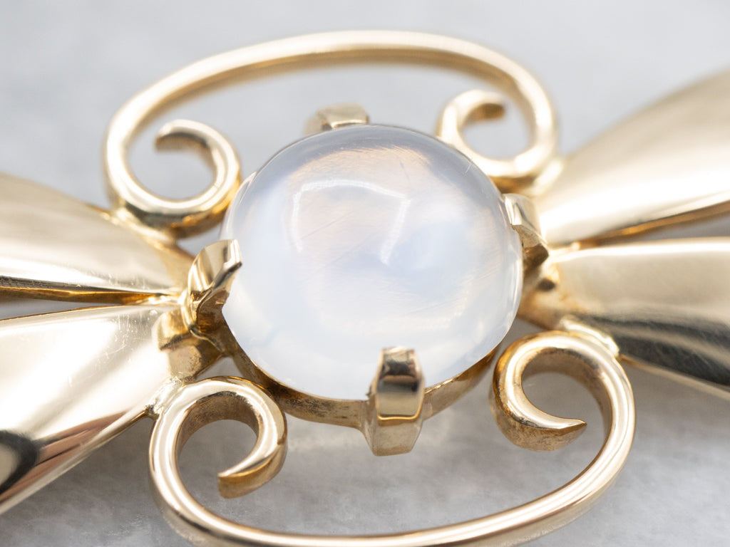 Retro Era Moonstone and Bezel-Set Sapphire Gold Brooch