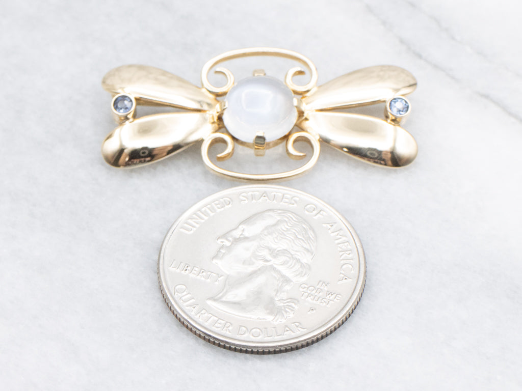 Retro Era Moonstone and Bezel-Set Sapphire Gold Brooch