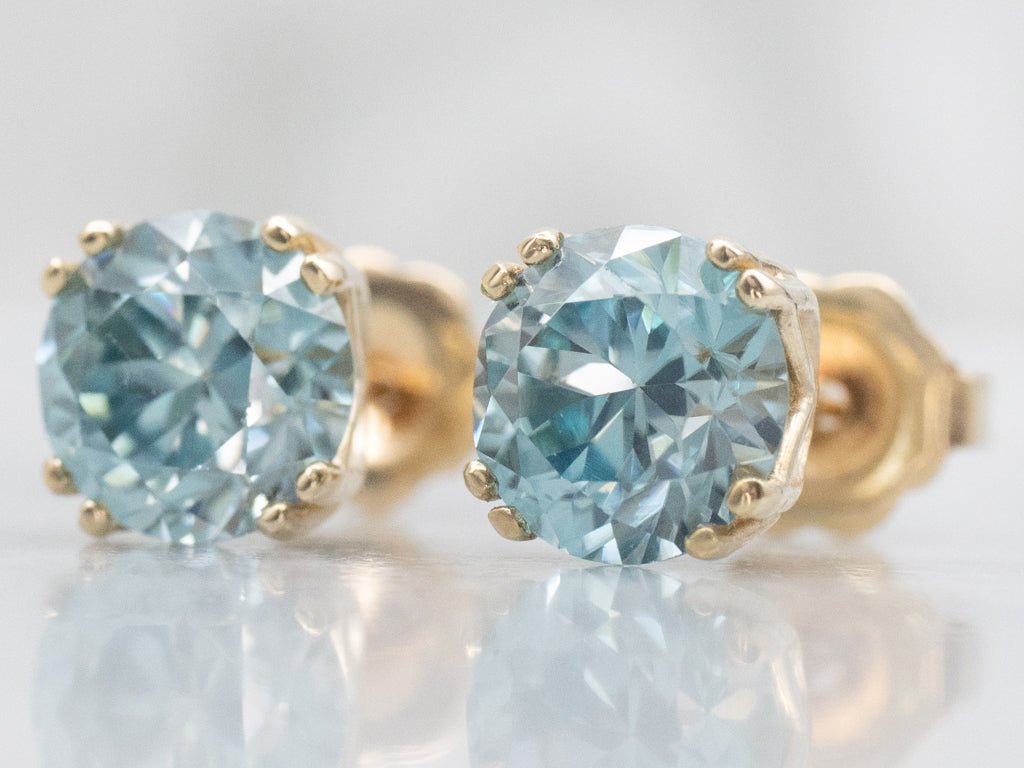Beautiful Blue Zircon Yellow Gold Stud Earrings