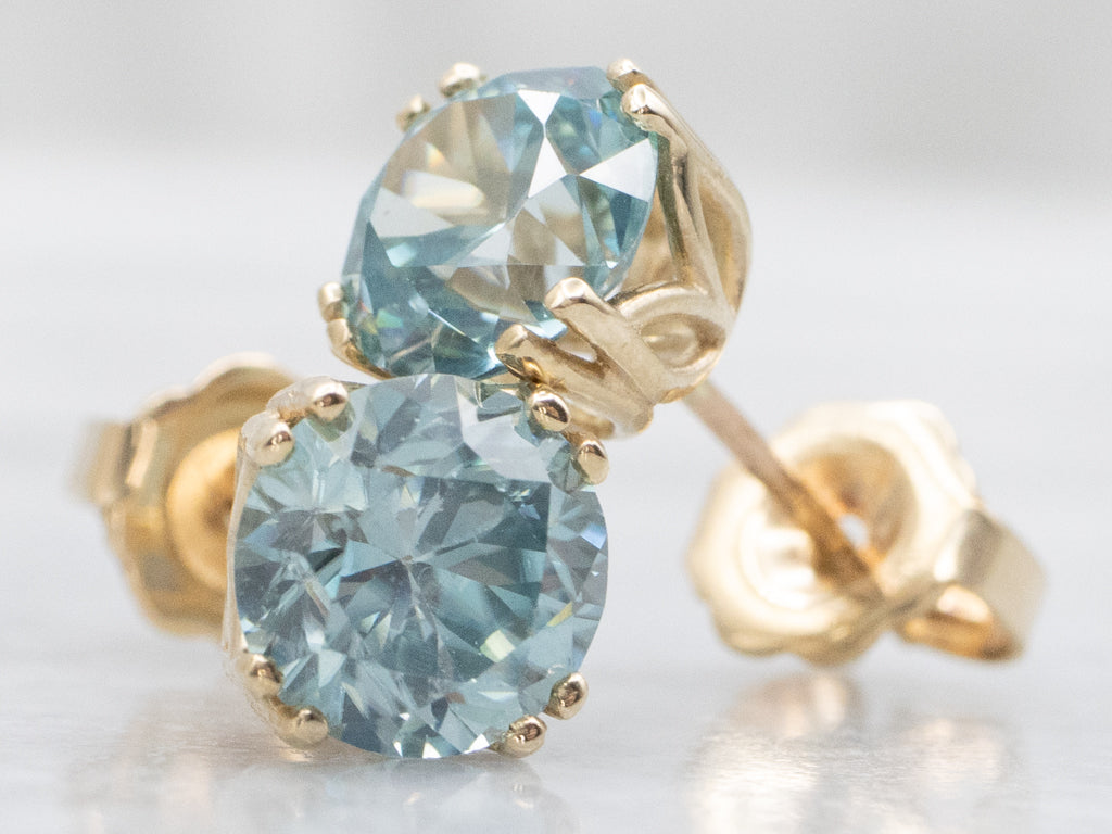Beautiful Blue Zircon Yellow Gold Stud Earrings