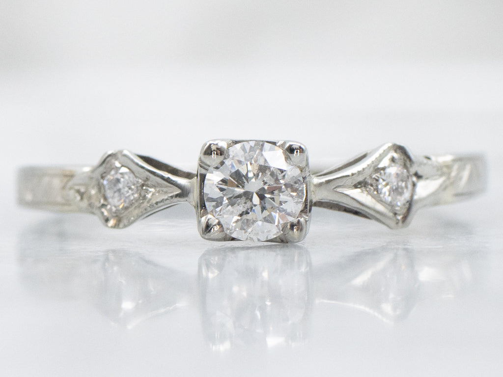 Antique Hand-Etched White Gold Diamond Engagement Ring