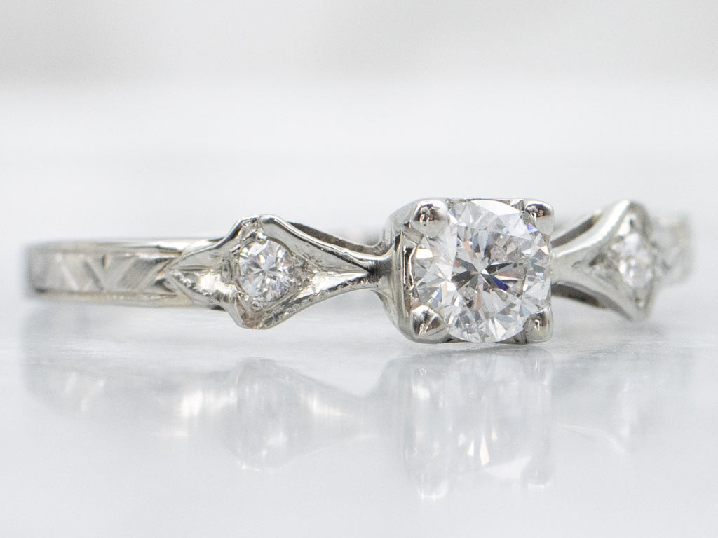 Antique Hand-Etched White Gold Diamond Engagement Ring