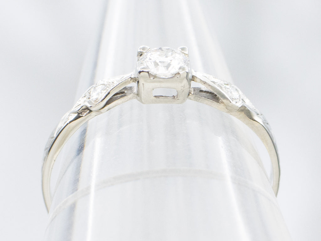 Antique Hand-Etched White Gold Diamond Engagement Ring
