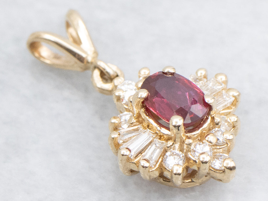 Yellow Gold Ruby and Diamond Halo Pendant