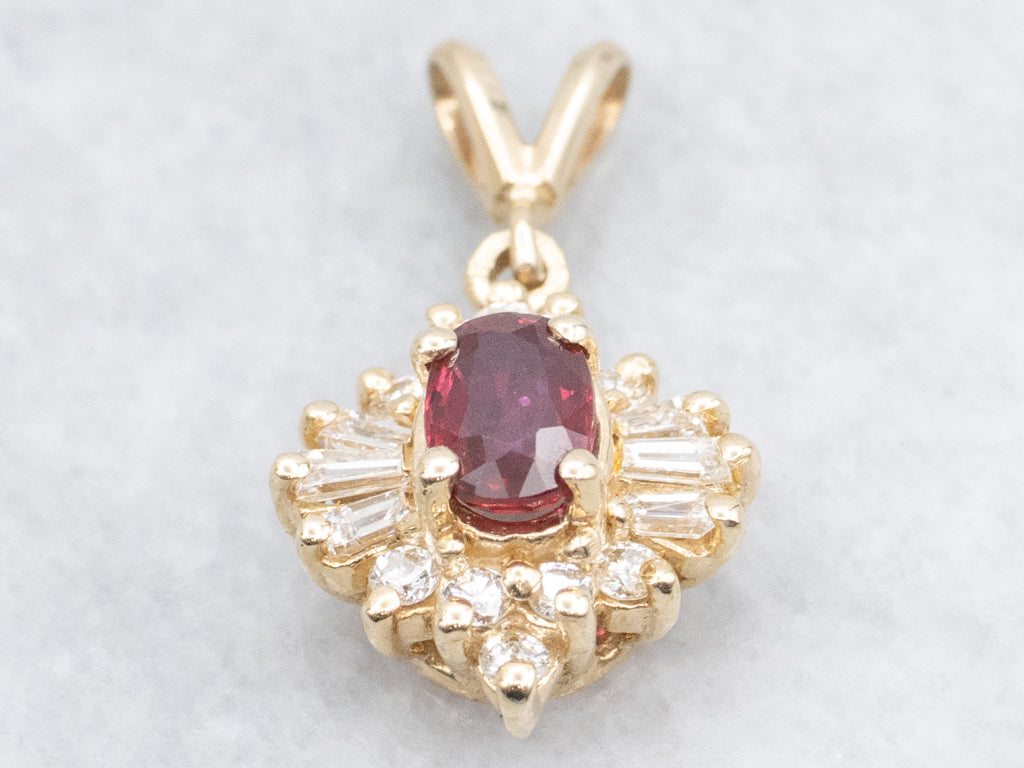 Yellow Gold Ruby and Diamond Halo Pendant