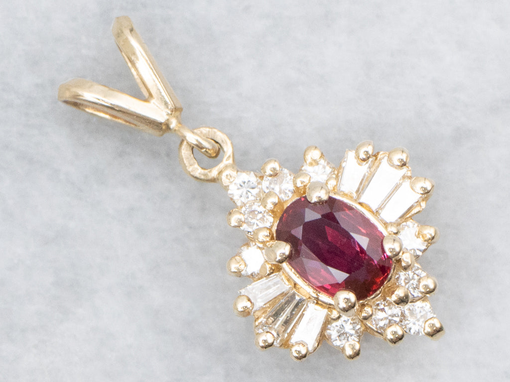 Yellow Gold Ruby and Diamond Halo Pendant