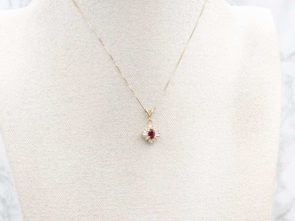Yellow Gold Ruby and Diamond Halo Pendant