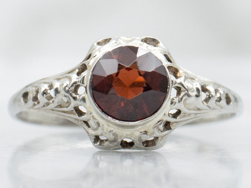 Art Deco Era Garnet White Gold Filigree Solitaire Ring