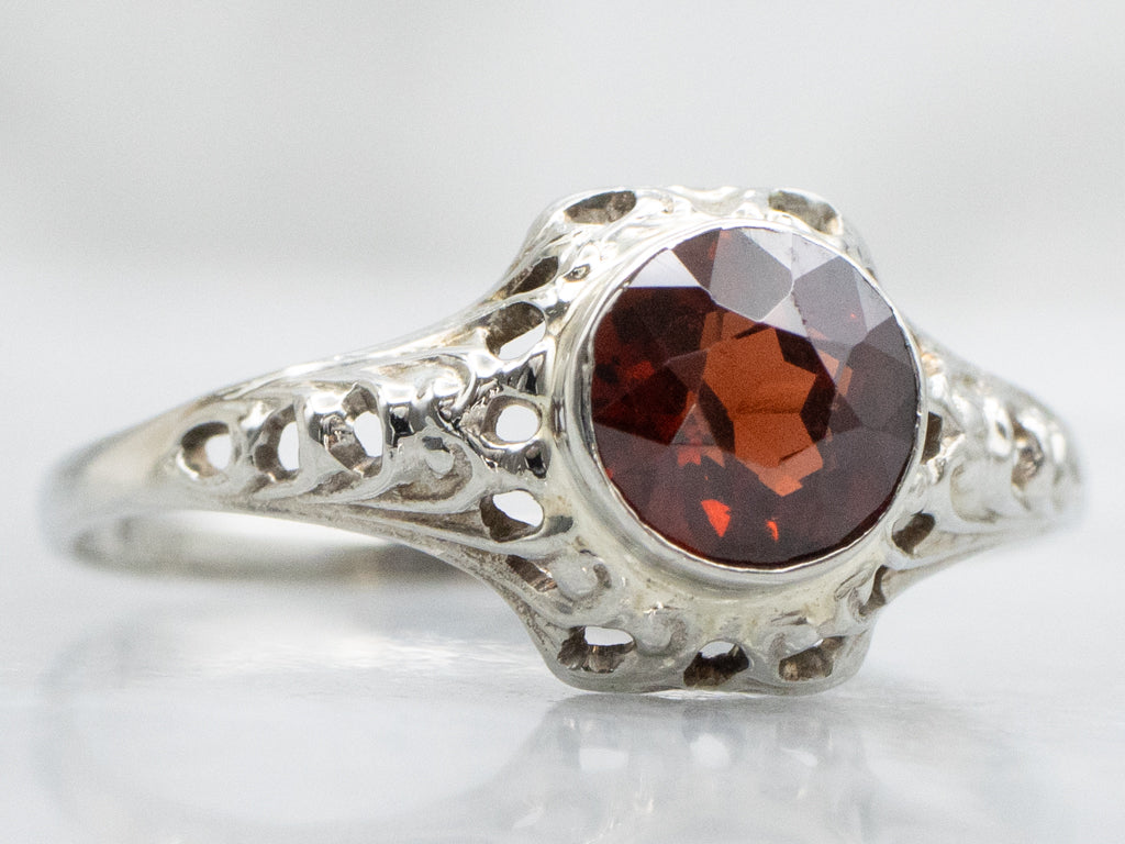 Art Deco Era Garnet White Gold Filigree Solitaire Ring
