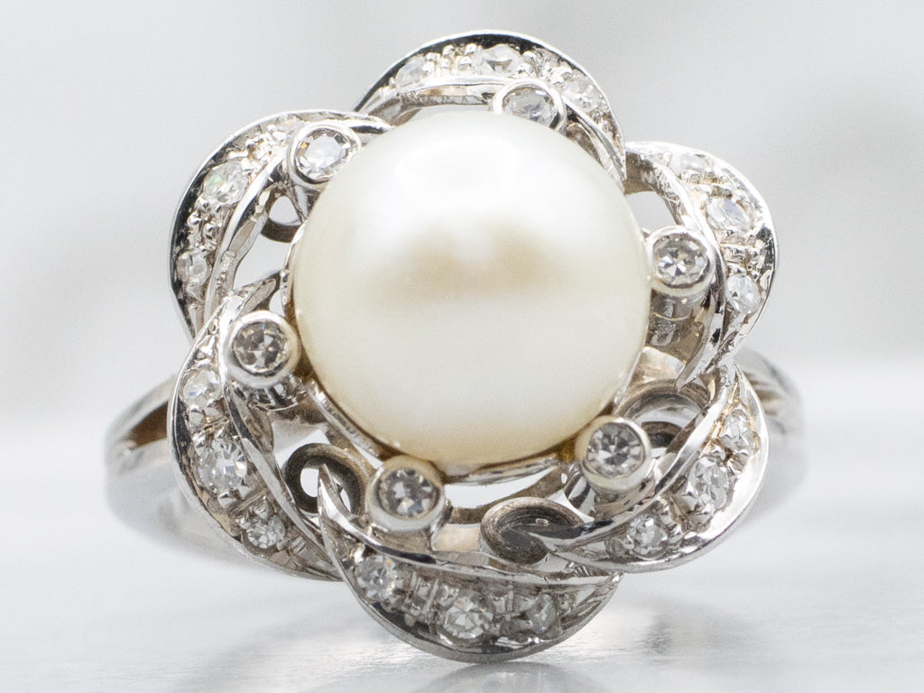 Vintage White Gold Pearl and Diamond Halo Ring