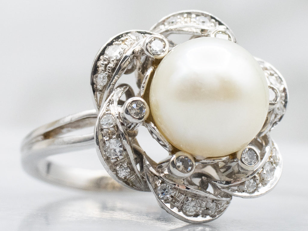 Vintage White Gold Pearl and Diamond Halo Ring