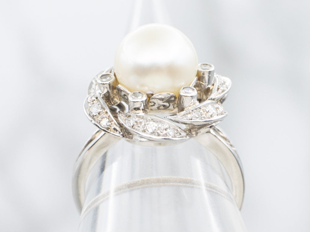 Vintage White Gold Pearl and Diamond Halo Ring