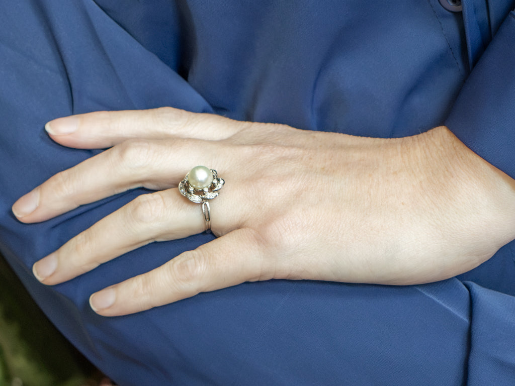 Vintage White Gold Pearl and Diamond Halo Ring