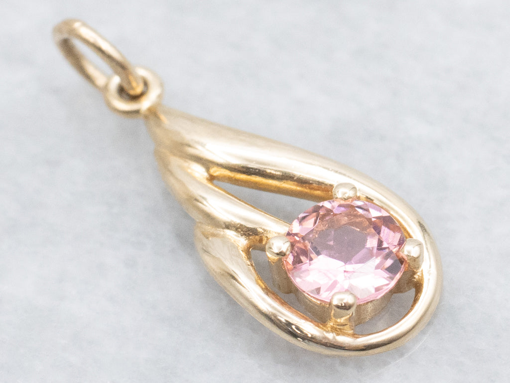 Pink Tourmaline and Gold Drop Pendant