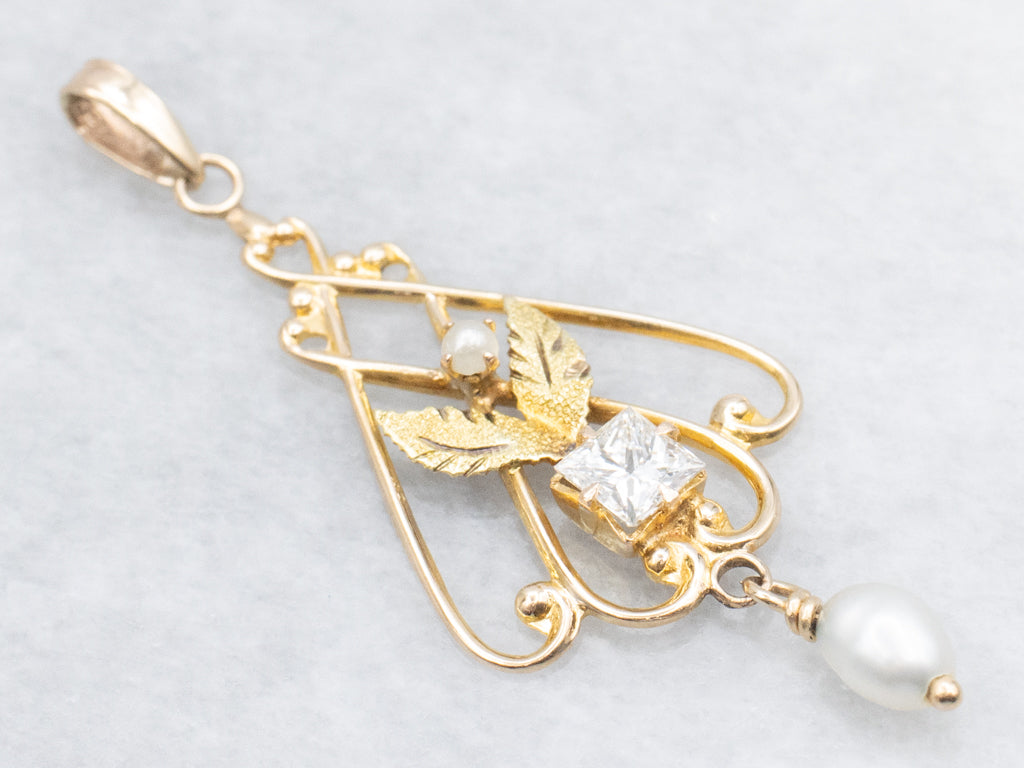 Vintage Diamond and Gold Lavalier Pendant with Pearl Drop