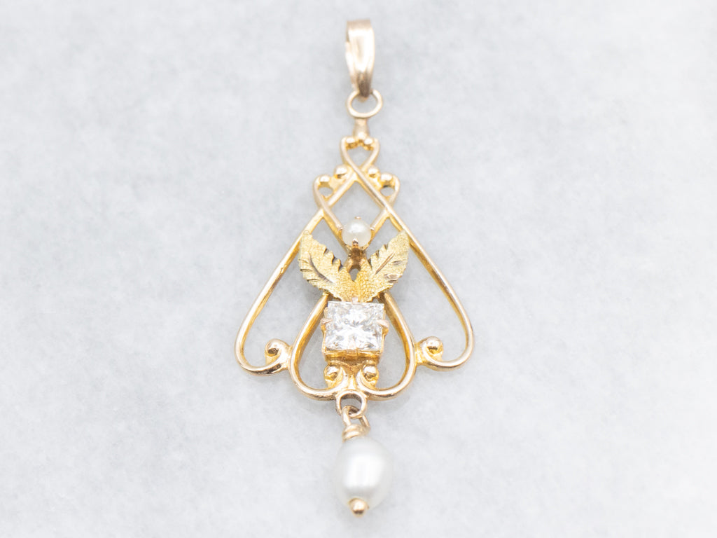 Vintage Diamond and Gold Lavalier Pendant with Pearl Drop