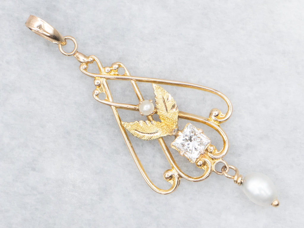 Vintage Diamond and Gold Lavalier Pendant with Pearl Drop