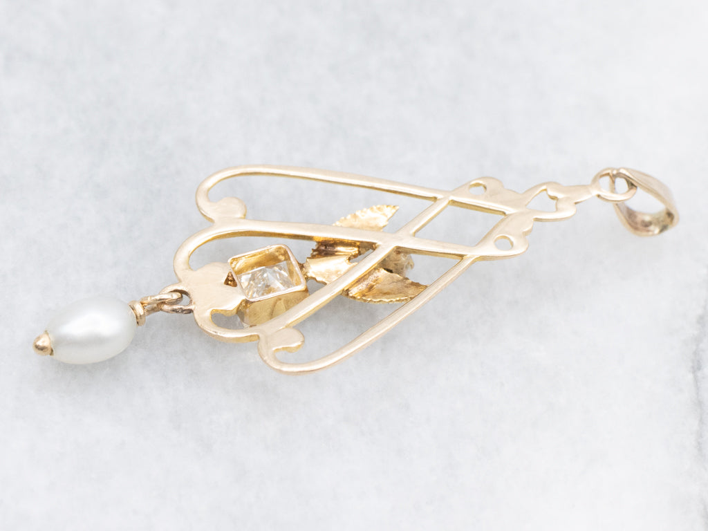 Vintage Diamond and Gold Lavalier Pendant with Pearl Drop