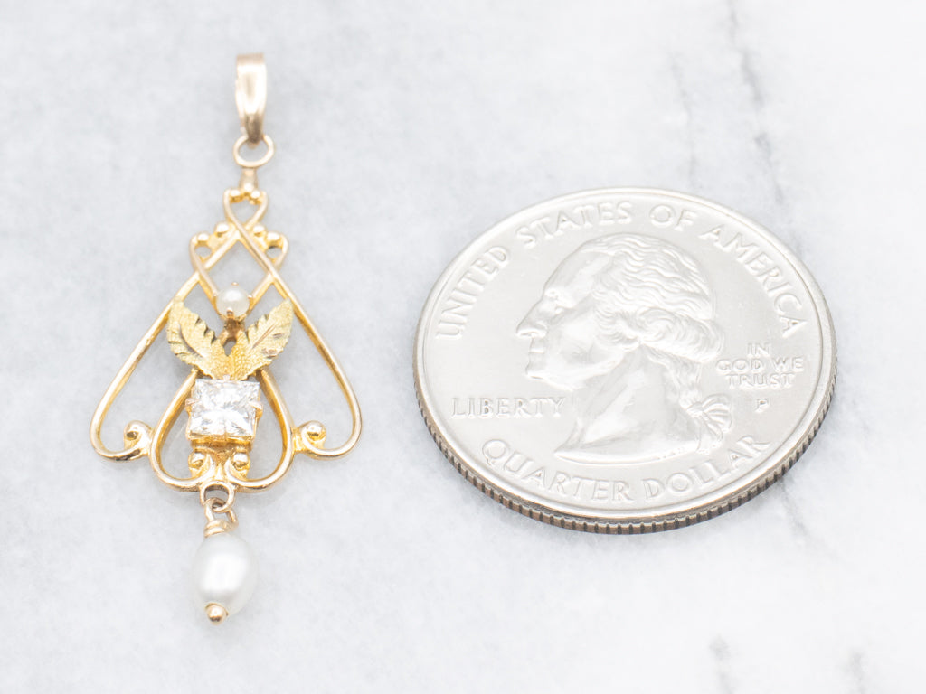 Vintage Diamond and Gold Lavalier Pendant with Pearl Drop