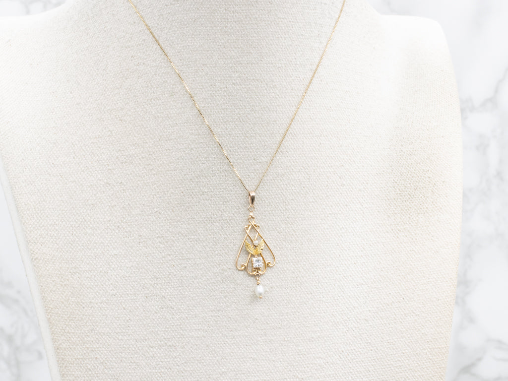 Vintage Diamond and Gold Lavalier Pendant with Pearl Drop