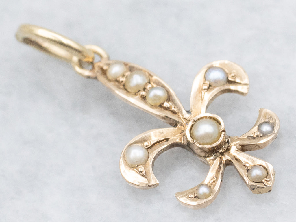Antique Seed Pearl Fleur-De-Lis Gold Pendant