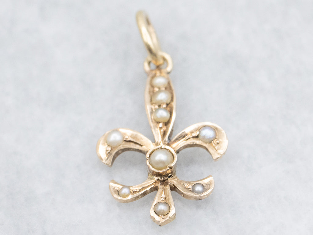 Antique Seed Pearl Fleur-De-Lis Gold Pendant
