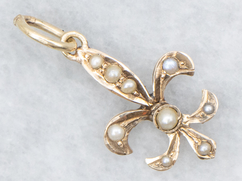 Antique Seed Pearl Fleur-De-Lis Gold Pendant