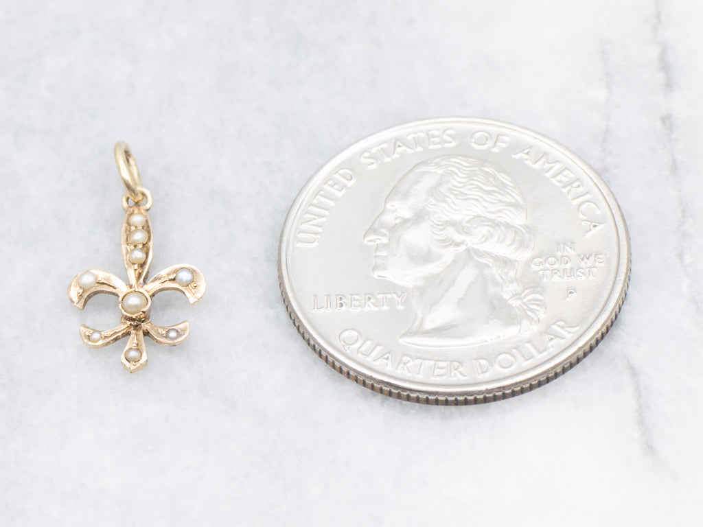 Antique Seed Pearl Fleur-De-Lis Gold Pendant