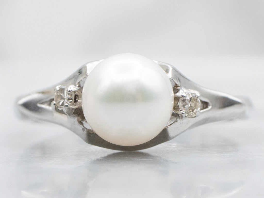 Vintage White Pearl and Diamond Three Stone Ring
