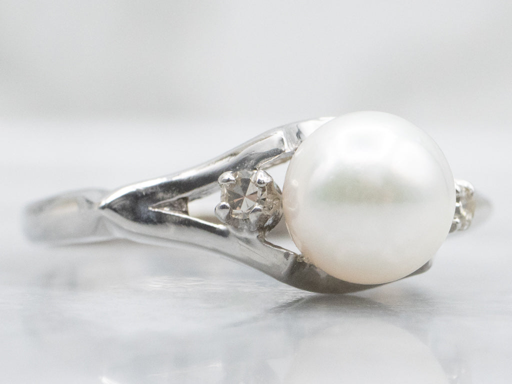 Vintage White Pearl and Diamond Three Stone Ring