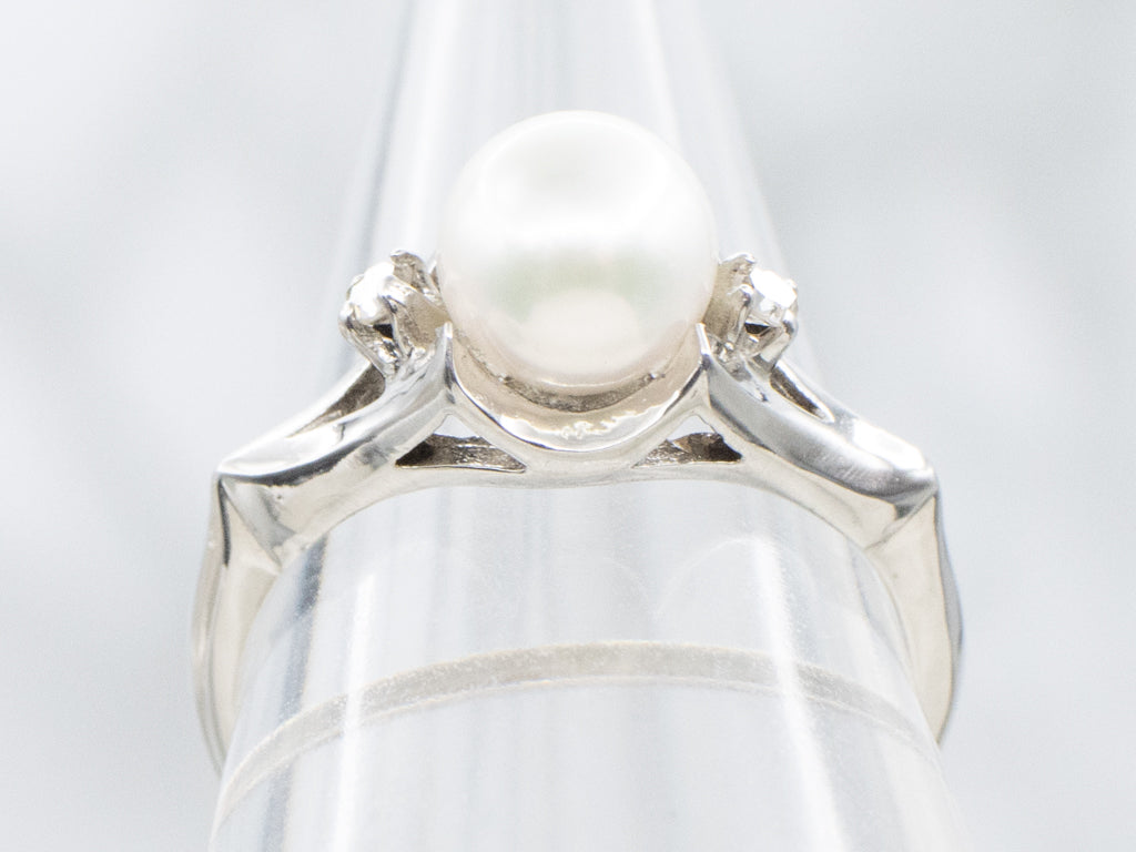 Vintage White Pearl and Diamond Three Stone Ring