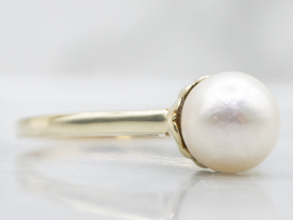 Simple Yellow Gold Pearl Solitaire Ring