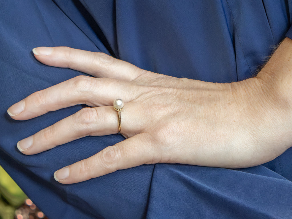 Simple Yellow Gold Pearl Solitaire Ring