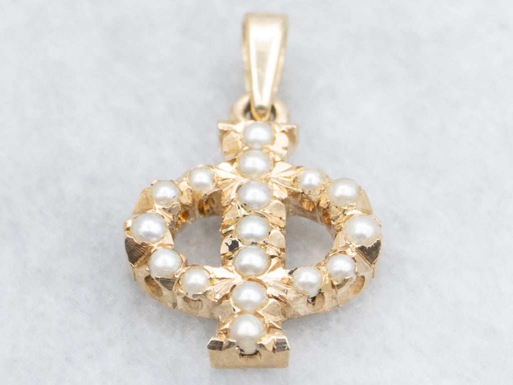 Antique Gold Seed Pearl Greek Letter "Phi" Symbol Pendant