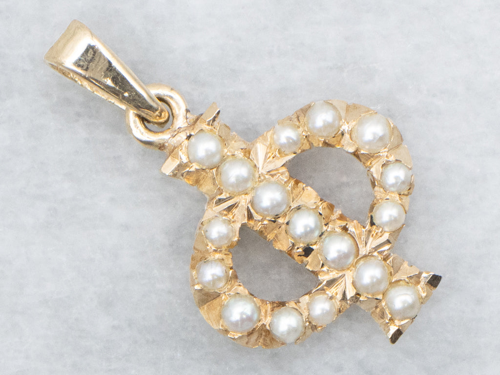 Antique Gold Seed Pearl Greek Letter "Phi" Symbol Pendant