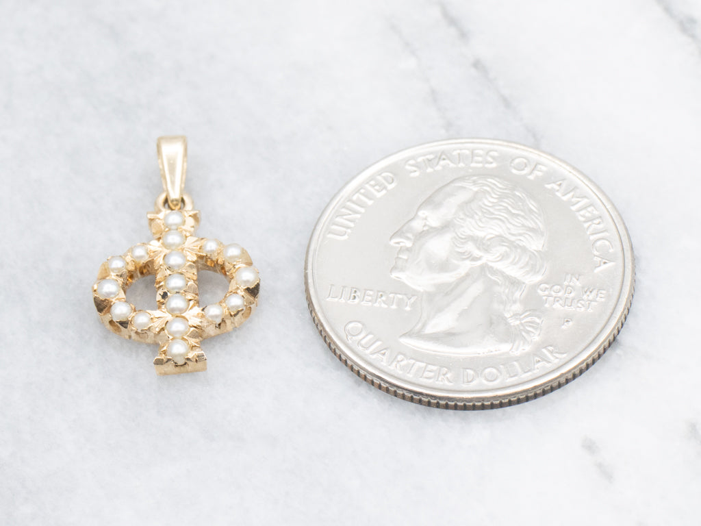 Antique Gold Seed Pearl Greek Letter "Phi" Symbol Pendant