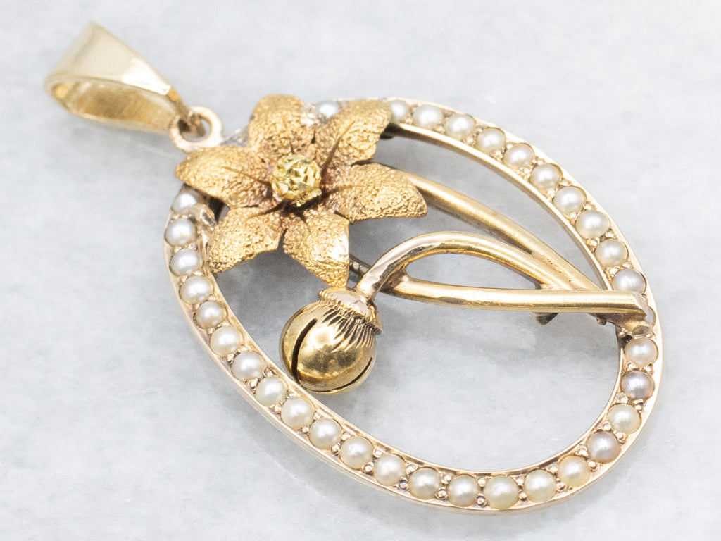 Golden Flower Blossom Pendant with Seed Pearl Halo