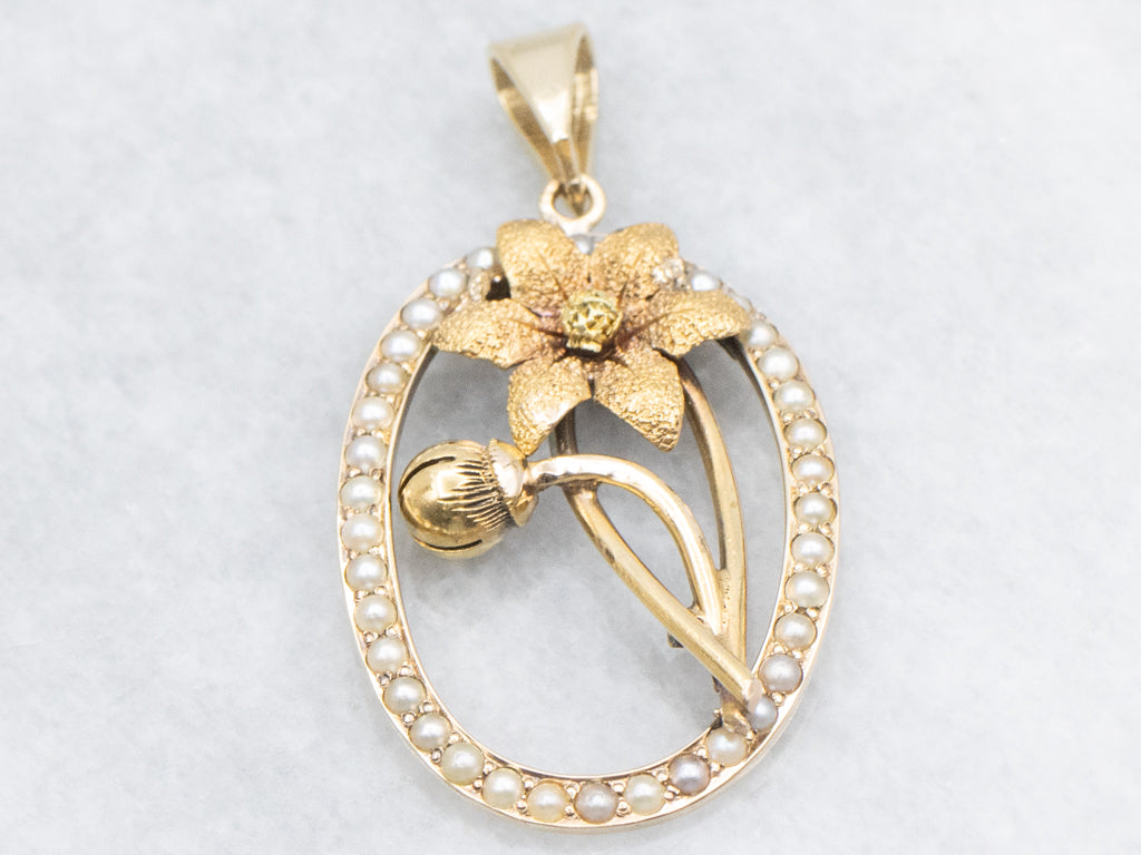 Golden Flower Blossom Pendant with Seed Pearl Halo