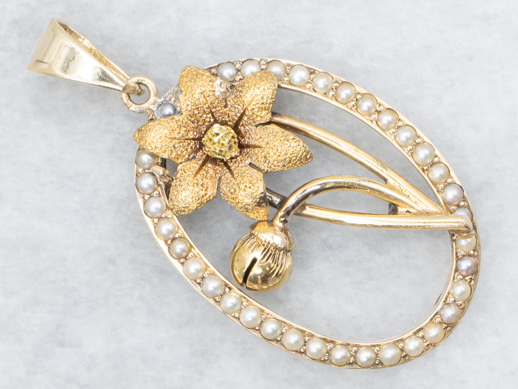 Golden Flower Blossom Pendant with Seed Pearl Halo