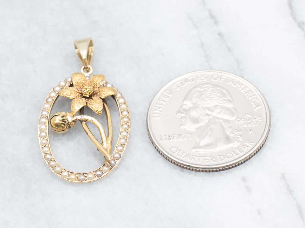 Golden Flower Blossom Pendant with Seed Pearl Halo