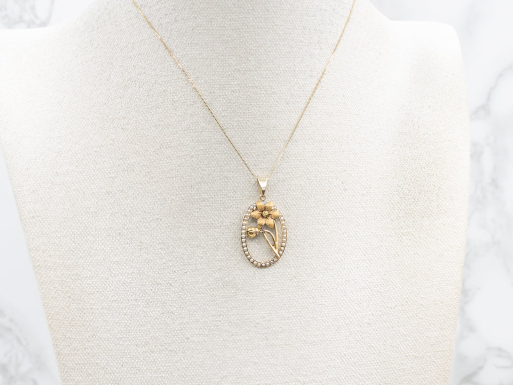 Golden Flower Blossom Pendant with Seed Pearl Halo